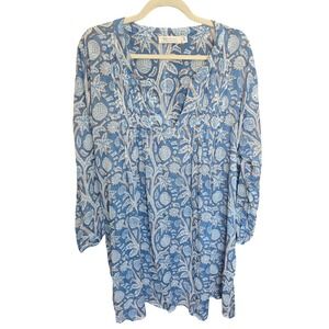 BluThreads Rockflowerpaper Dress Blue Floral Cotton Pintuck Beach Cover Up XL